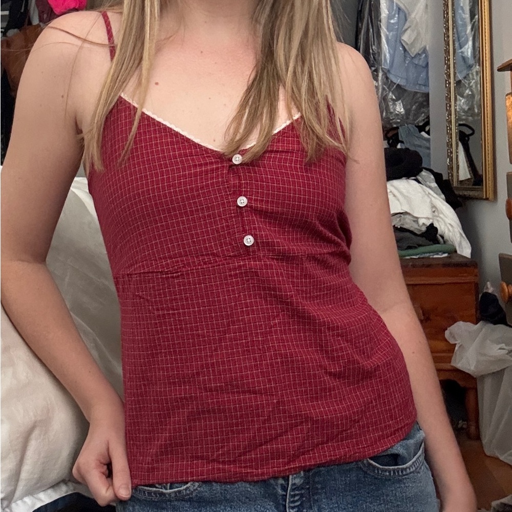 Brandy Melville Red Plaid tie back Spaghetti Strap Top